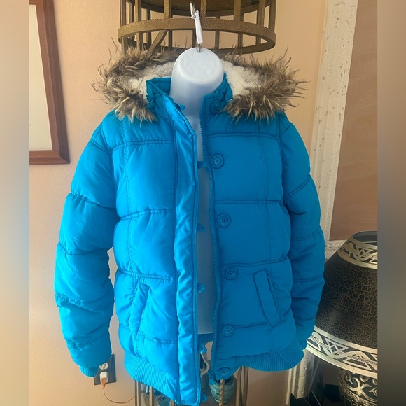 JUSTICE Vintage Puffer Coat Jacket w/detachable Faux Fur Hood Blue Sz 16 - Picture 3 of 15